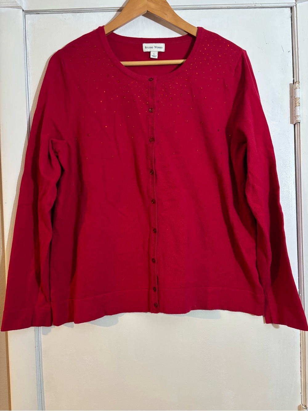 Studio Works dark red button down cardigan with red gems